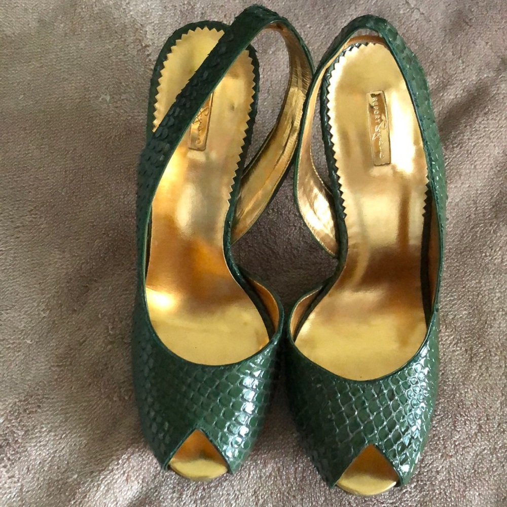 Report Signature green snakeskin heels